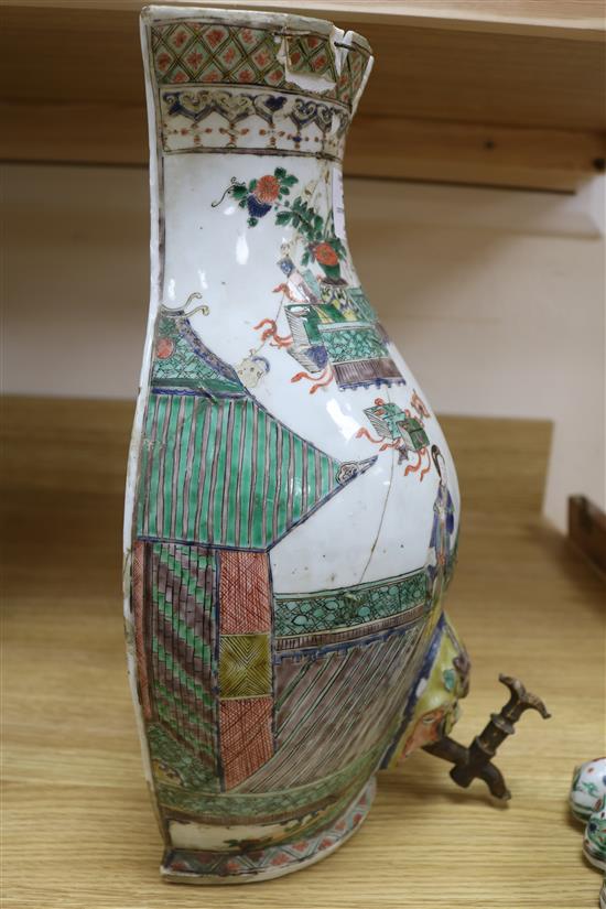 A Chinese famille verte cistern and cover, Kangxi period, damage